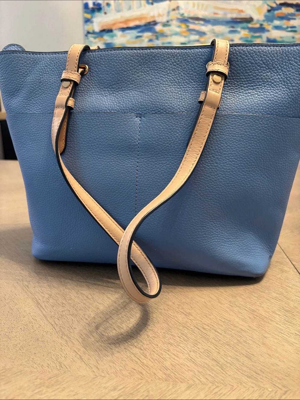 Michael Kors Blue Leather Tote with Tan Straps - Picture 2 of 4